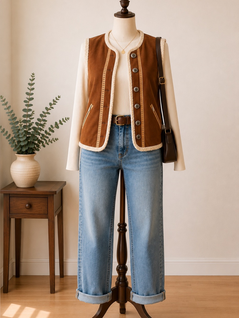 Vintage Westerncore Brown Sherpa Faux Suede Vest Made in Canada Women's M/L